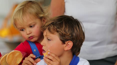 Niño-comiendo-galleta-en-una-fiesta-de-niños.--Candid-clip-de-4K-de-joven-masticando-azúcar