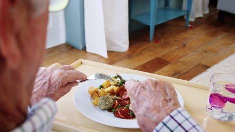 Über-Schulter-Blick-auf-ältere-Menschen-Essen-Abendessen-zu-Hause
