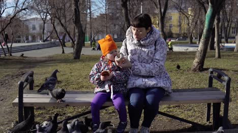 A-young-woman-and-a-little-girl-eat-buns-and-feed-pigeons-on-a-cold,-cloudy-day.