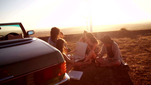 Hipster-Friends-eating-pizza-during-road-trip-near-convertible-car