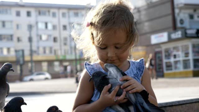 Little-cute-girl-feeding-street-pigeons-in-the-park-at-summer-day-4K-slow-motion
