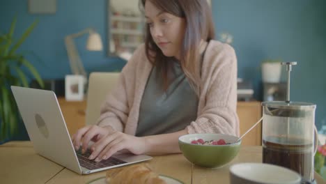 Female-blogger-having-breakfast-and-using-laptop-at-table