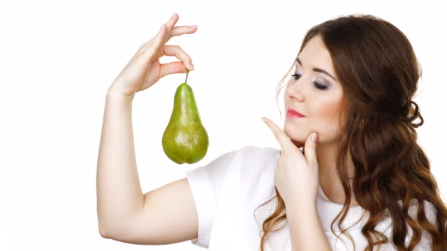 Woman-holding-pear-fruit