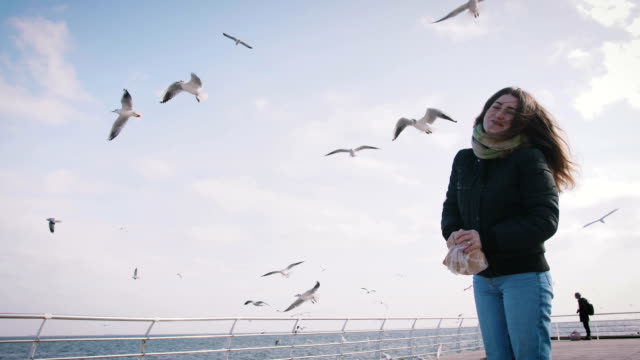 Mujer-joven-alimentando-gaviotas-en-invierno-cerca-del-mar,-cámara-lenta