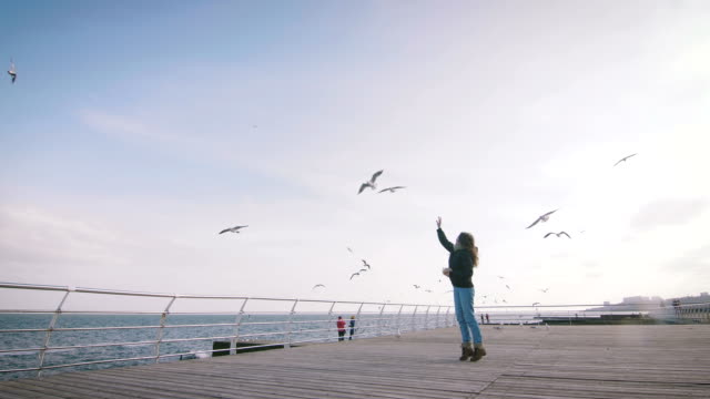 Young-woman-feeding-seagulls-at-winter-near-the-sea,-slow-motion