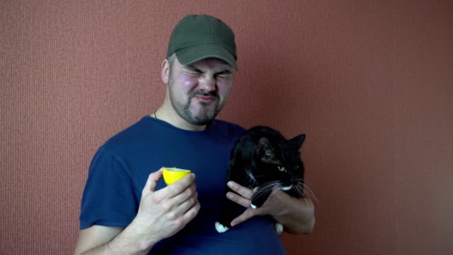 Ein-Mann-mit-einer-Katze-in-seiner-Hand-eine-Zitrone-Essen