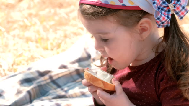 Kleine-süße-Mädchen-isst-Sandwich-mit-Brot-und-Käse-verarbeitet.-Familien-Picknick.-Ihre-schmutzigen-Finger-leckt.
