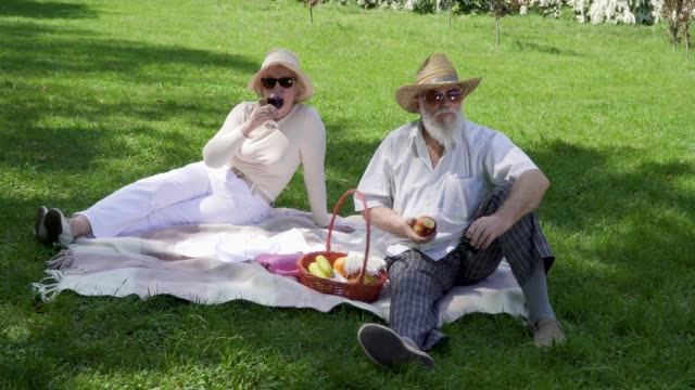Ältere-Mann-mit-senior-Frau-auf-einer-Decke-im-Park-entspannen