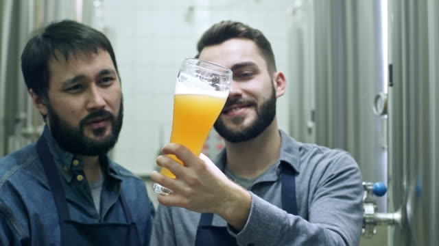 Trabajadores-de-la-cervecería-alegre-hablar-de-cerveza-fresca