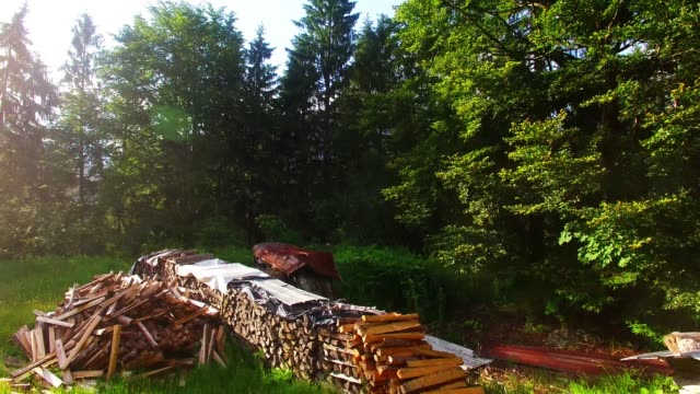 A-stack-of-firewood-in-the-alpine-forest.-Camera-flight-over-renewable-energy-source.