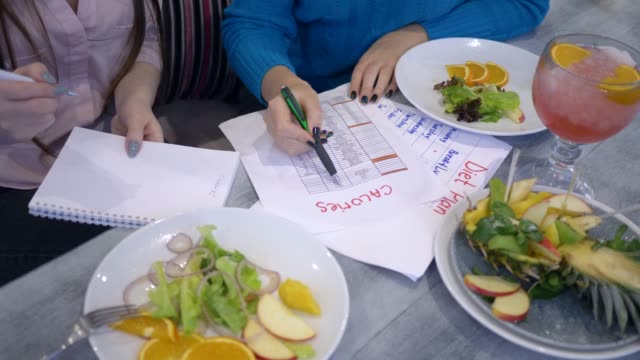 Abnehmen-mit-Diät-Planungskalender-weibliche-zählen-Kalorien-auf-Blatt-Papier-in-gesundes-Essen-Zeit