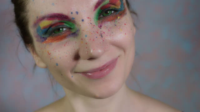 4k-Shot-of-a-Woman-with-Multicoloured-Make-up-Flapping-her-Eyelids