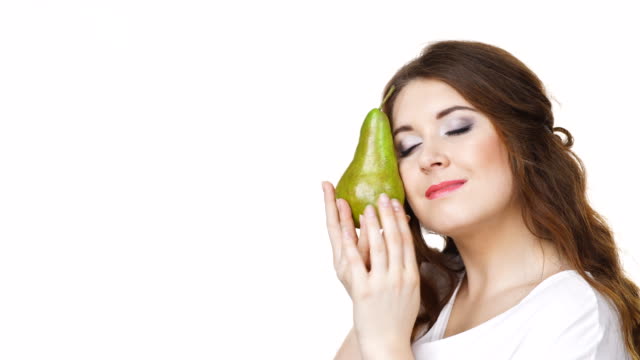 Woman-holding-pear-fruit