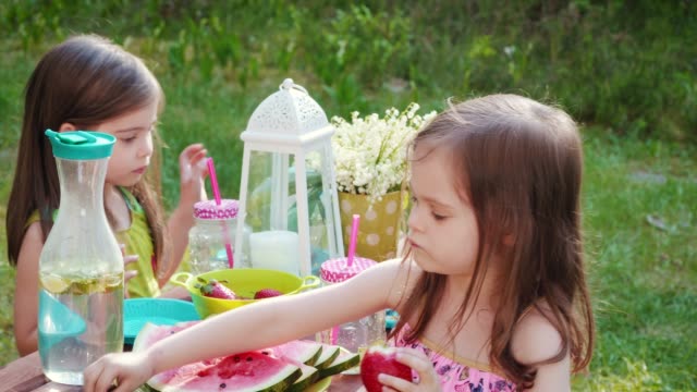 zwei-Mädchen-essen-Erdbeeren-auf-ein-Sommerpicknick