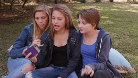 Drei-hübsche-junge-Mädchen-im-Teenageralter-unter-Selfies-auf-ihrem-Handy-und-Spaß-zu-haben,-in-einem-park