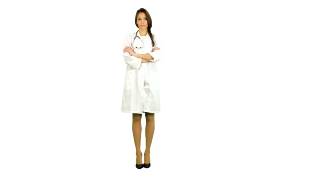 Junge-zuversichtlich-Ärztin-posiert-mit-einem-angehobenen-Finger-auf-weißem-Hintergrund