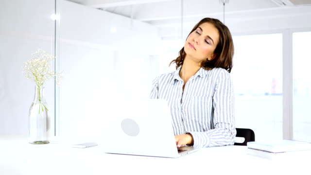 Tired-Woman-at-Work-Relaxing,-Neck-Pain