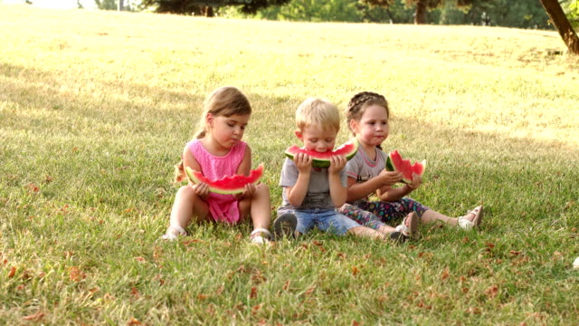 Group-of-children-eating-watermelon-outdoors.4K