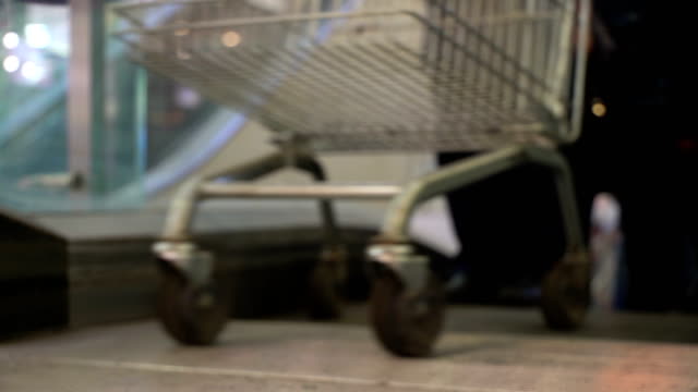 Concept-shopping-mall.-Shopping-trolley-as-shopping-symbol.-Bottom-view-in-blur