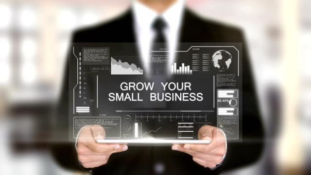 Grow-Your-Small-Business,-Hologram-Futuristic-Interface,-Augmented-Virtual