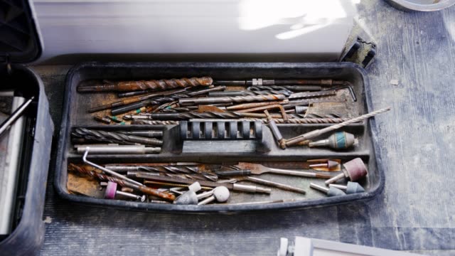 Close-Up-Of-Workmans-Tools-In-Toolbox-Viewed-From-Above