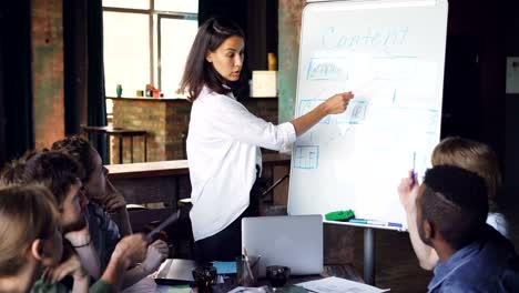 Corporate-trainer-is-explaining-new-information-to-group-of-people,-standing-at-whiteboard,-talking-and-pointing-at-board,-listeners-are-writing-and-asking-questions.