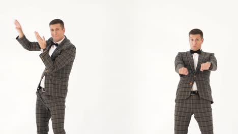 doubles-in-checkered-suits-are-depicting-different-body-movements-and-facial-expressions-on-a-white-background-in-the-studio.