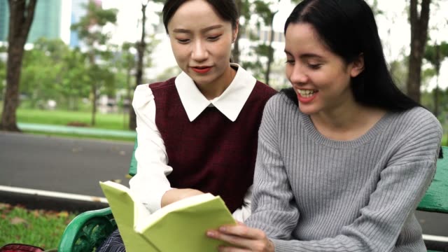 Zwei-junge-Freundinnen-reden-und-diskutieren-miteinander-im-öffentlichen-Park-im-Freien.-Asiatische-und-kaukasischen-Vielfalt.