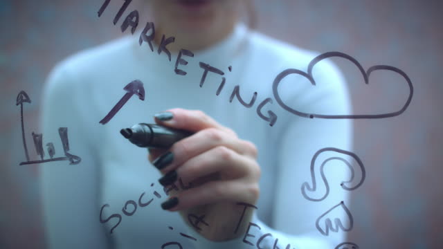 4K-Business-Woman-Writing-on-Transparent-Screen-Marketing
