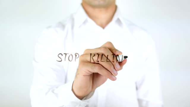 Stop-Killing,-Mann-schreiben-auf-Glas