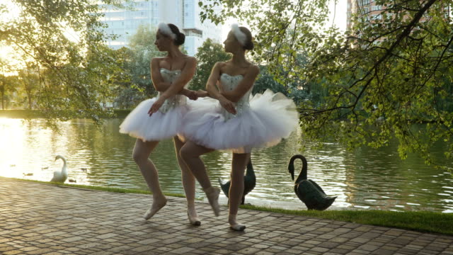 Schöne-Ballerina-tanzt-im-Park-in-der-Nähe-von-den-Teich-mit-Schwänen-auf-dem-Hintergrund