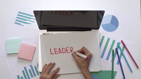 Concepto-de-negocio.-Mujer-escriba-liderazgo-sobre-un-pedazo-de-papel-situado-en-la-computadora-portátil.