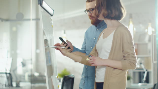 Young-Man-and-a-Woman-Discuss-Working-Process-on-a-Whiteboard.-Man-Holds-Smartphone.-Woman-Draws-on-a-Whiteboard.