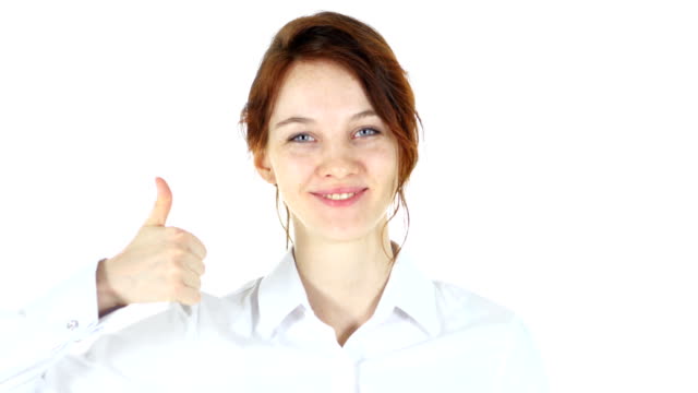 Thumbs-Up,-Red-Hair-Woman-on-White-Background
