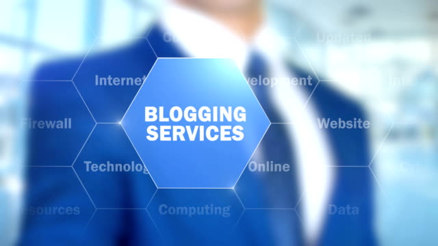 Blogging-Dienste,-Mann-arbeitet-auf-holographische-Schnittstelle,-Bildschirm