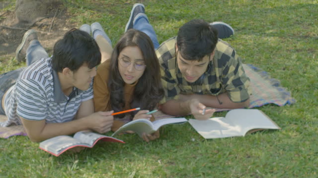 Grupo-de-jóvenes-amigos-tumbados-en-un-pasto-verde-y-hablando-al-aire-libre-mientras-que-libro-de-lectura-en-el-parque-de-la-Universidad.