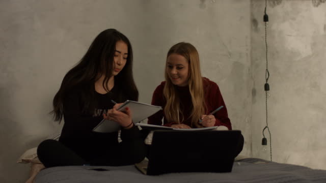 Cute-high-school-girls-studying-together-at-home