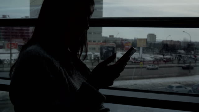 Junges-Mädchen-in-einem-grauen-Pullover-mit-einem-Handy-in-einem-Café-am-Fenster-auf-dem-Hintergrund-der-Megalopolis.