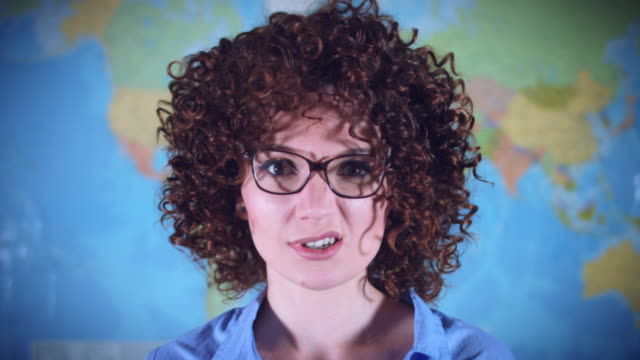 4K-Teacher-or-Student-Woman-with-Curly-Hair-Acting-Crazy-and-Funny