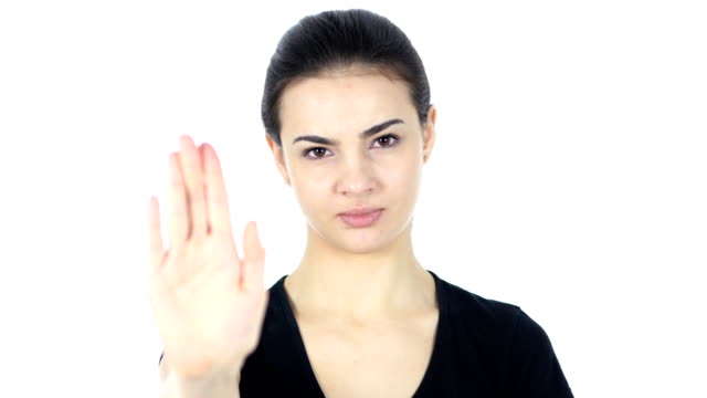 Stop-Gesture-by-Woman,-Whte-Background