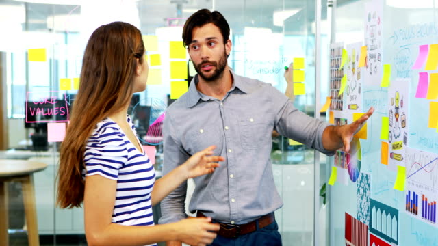 Male-and-female-executive-discussing-over-whiteboard