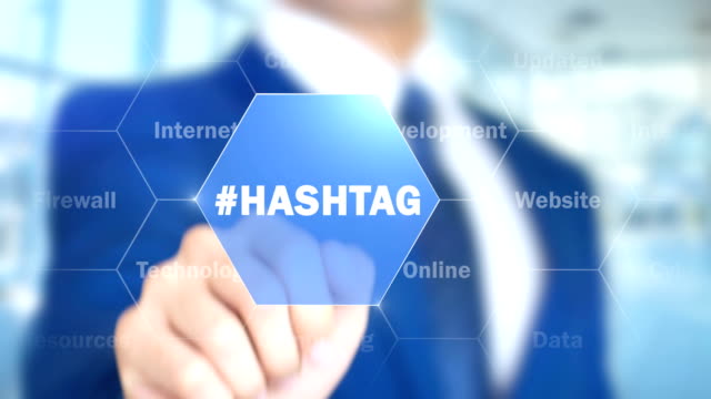 #Hashtag,-Mann-arbeitet-auf-holographische-Schnittstelle,-Bildschirm