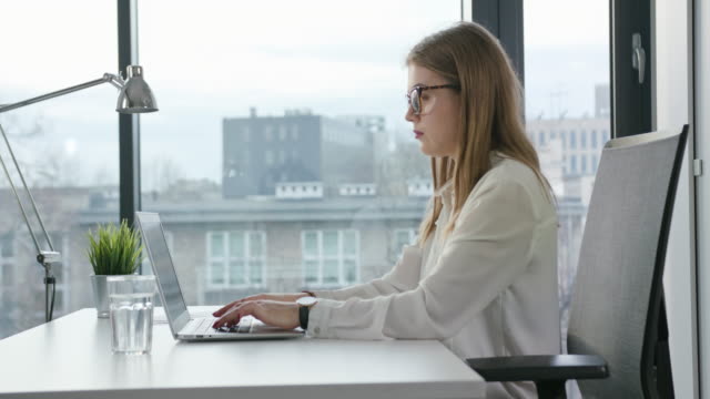 Bisinesswoman-sitzen-und-einen-Laptop-in-Innenräumen-verwenden