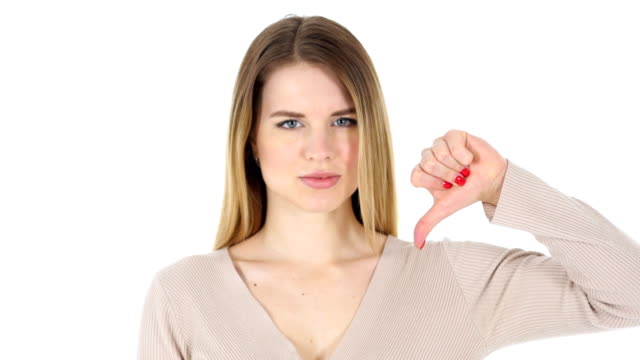 Thumbs-Down,-Woman-on-White-Background