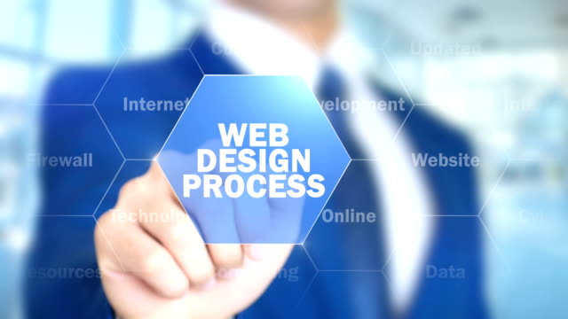 Web-Design-Prozess,-Man-Working-on-holographische-Schnittstelle,-Bildschirm