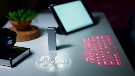 4K-virtuelle-Laser-Projektion-Tastatur-im-Büro-mit-generierte-Animation