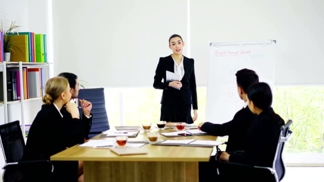 4K-Business-group-clapping-hands-congratulate-businesswoman-presenting