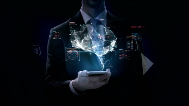Hombre-de-negocios,-haga-clic-en-teléfono-inteligente,-cerebro-conectar-líneas-digitales-con-interfaz-digital.-cultivar-la-inteligencia-artificial.-4-película-de-k.