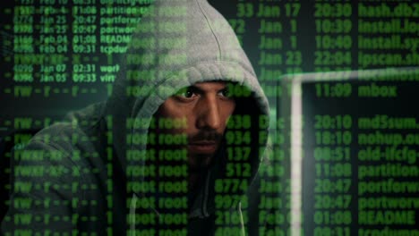 Close-up-Mitte-Schuss-eines-Hackers-tragen-Hoodie-sitzt-an-seinem-Desktop-Computer.-Special-Effects-von-Hacking-Prozess-dargestellt,-über-den-ganzen-Bildschirm.