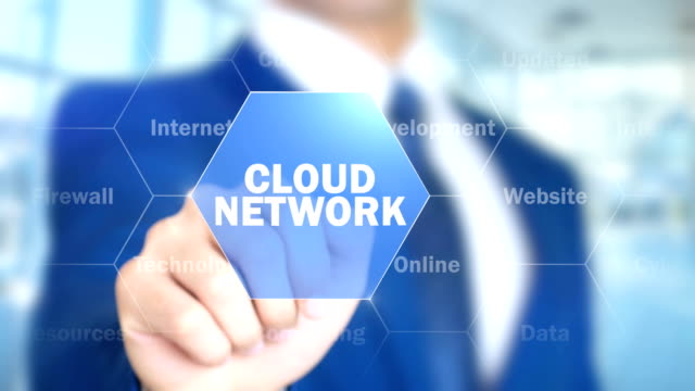 Cloud-Netzwerk,-Mann-arbeitet-auf-holographische-Schnittstelle,-Bildschirm